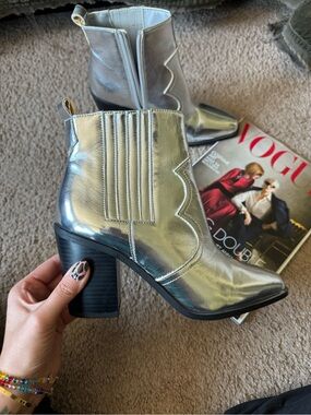 Silver Metallic Women's Block Heel Ankle Boots